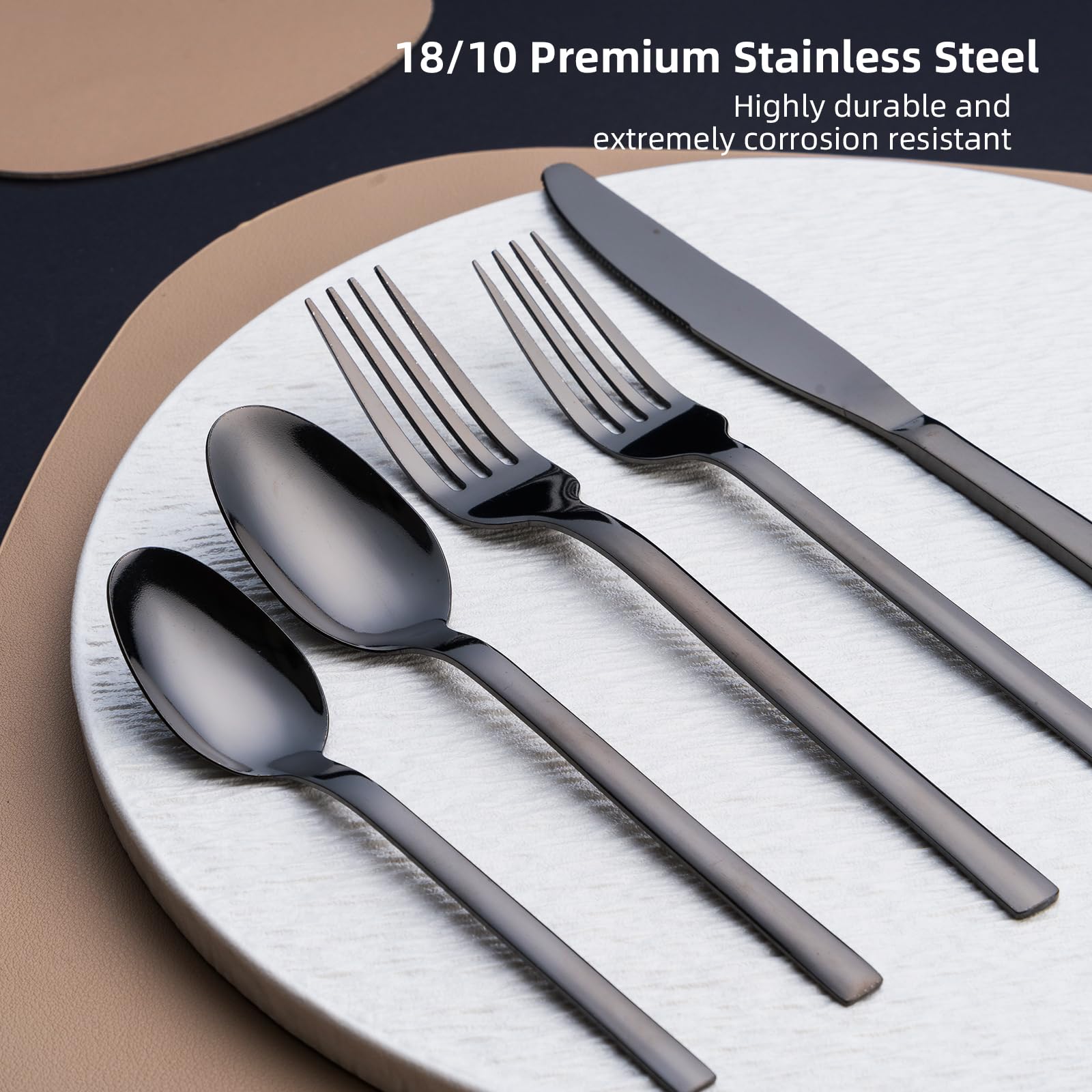 SELUKIYA 24 Pcs Silverware Flatware Service for 4, 18/0 Stainless Steel Tableware with Steak Knives, High Mirror Polished Cutlery Set in Ergonomic Design Size and Weight, Dishwasher Safe, Black