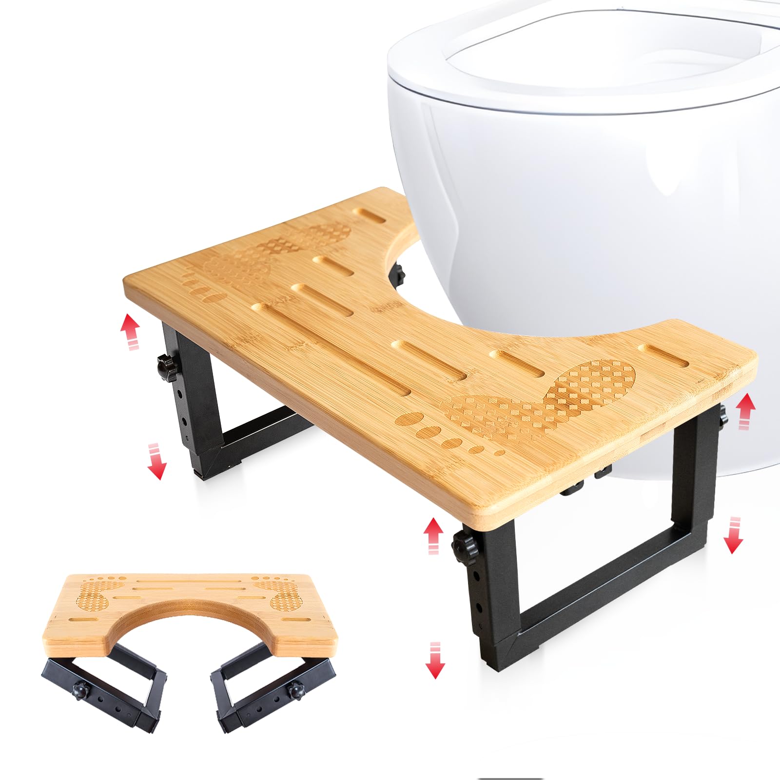 Toilet Stool Squat Adult, Toilet Stool Foldable, 7 in, 8 in, 9 in Adjustable Height Squat Stool Potty for Adults Kids, Squatting Toilet Stool for Pooping, Bamboo Toilet Step Stool, Toilet Foot Stool