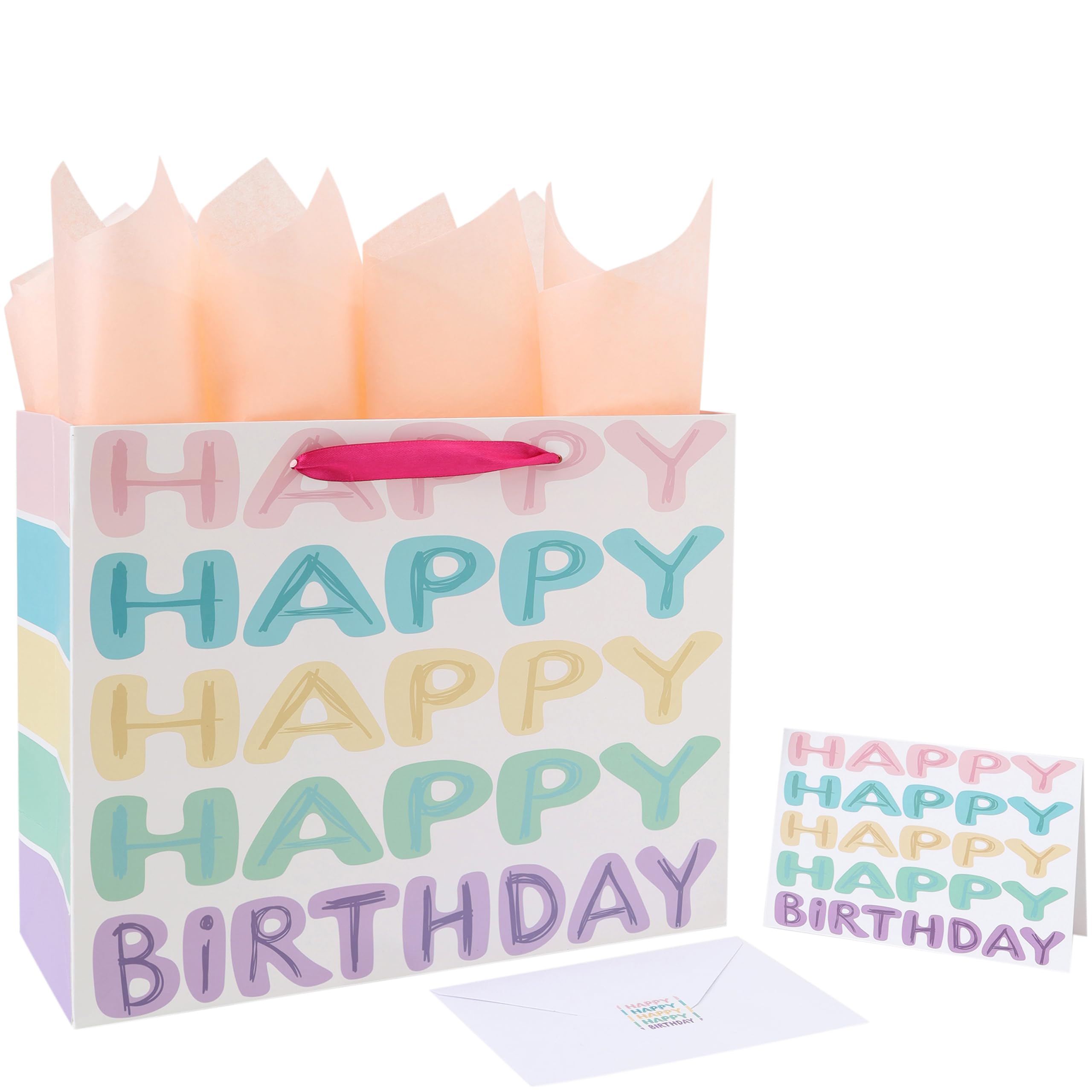 13” Large Colorful Happy Birthday Gift Bag Set with Handles, Greeting Card, Tissue Papers and Stickers for Women Girls, Words Design, 1 Pcs