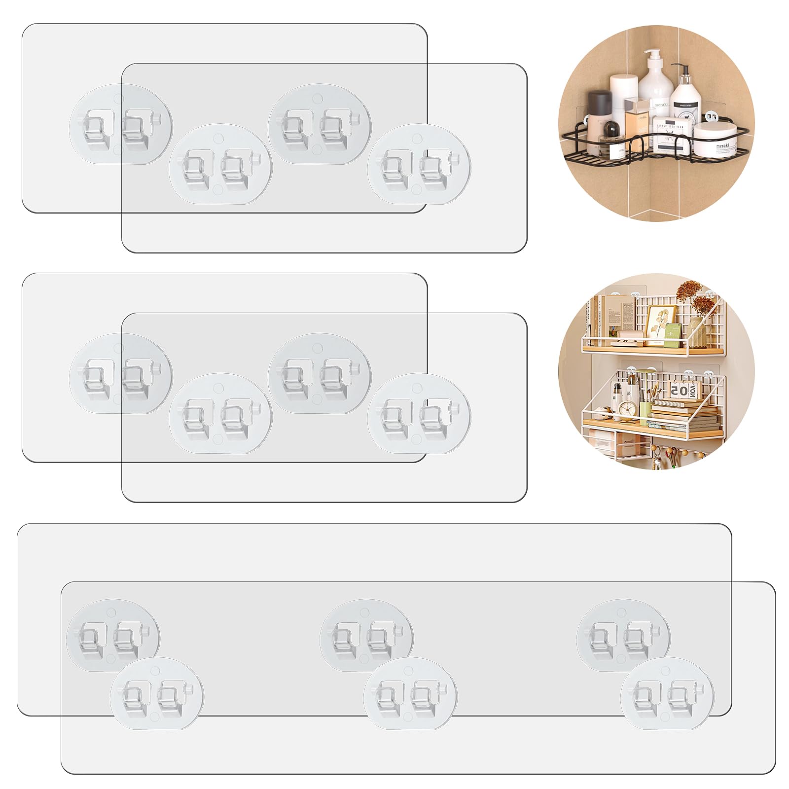 WLLHYF 12 Pcs Shower Adhesive Hooks Shower Caddy Adhesive Replacement, Transparent Strong Hook Strip Waterproof No Drilling Organizer for Soap Holder, Kitchen Racks (4 Double + 2 Claws)