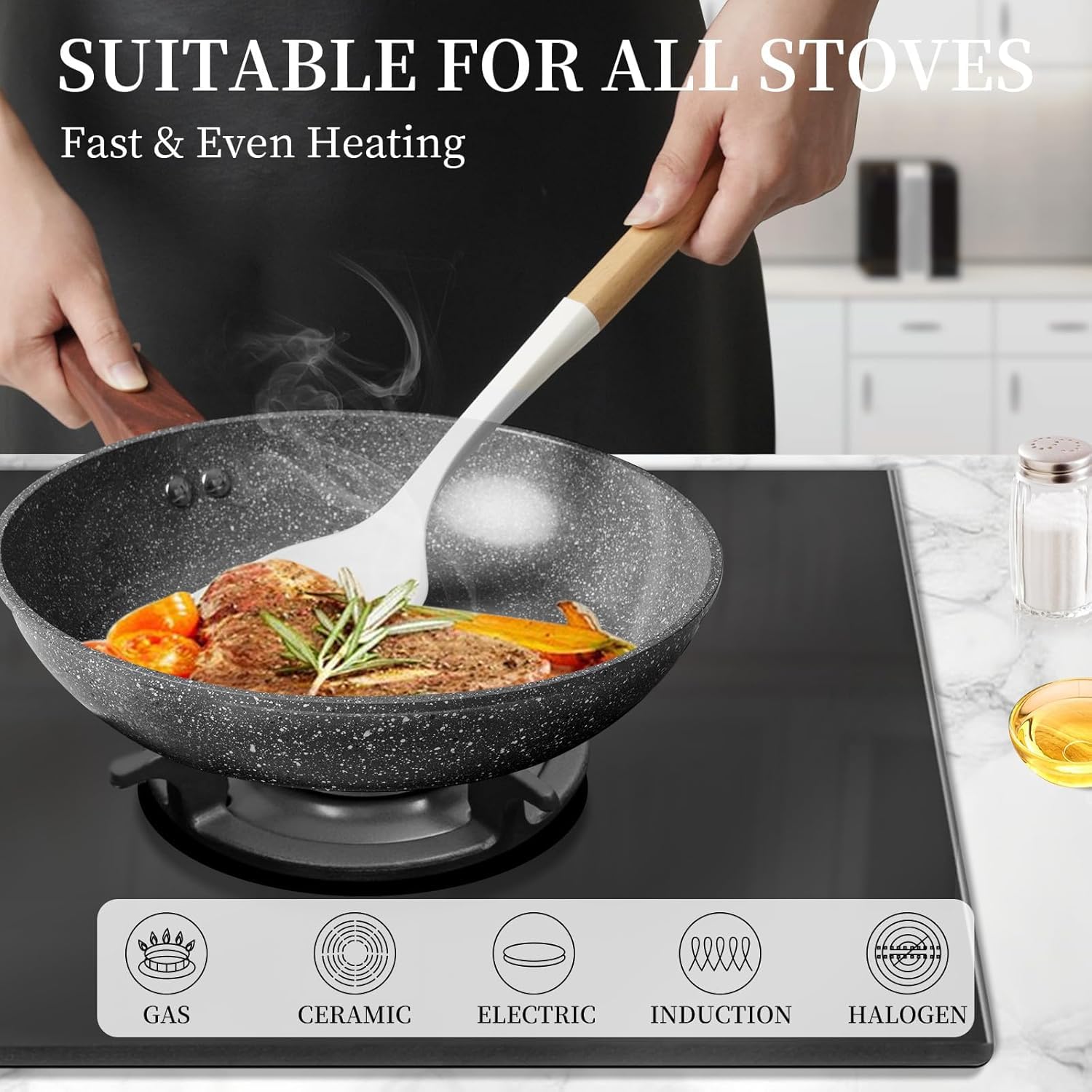 HOMEFINESSE Nonstick frying pan skillet, swiss granite coating pan, egg omelette pan, pfoa free, chef pan healthy stone (9.5 inches)