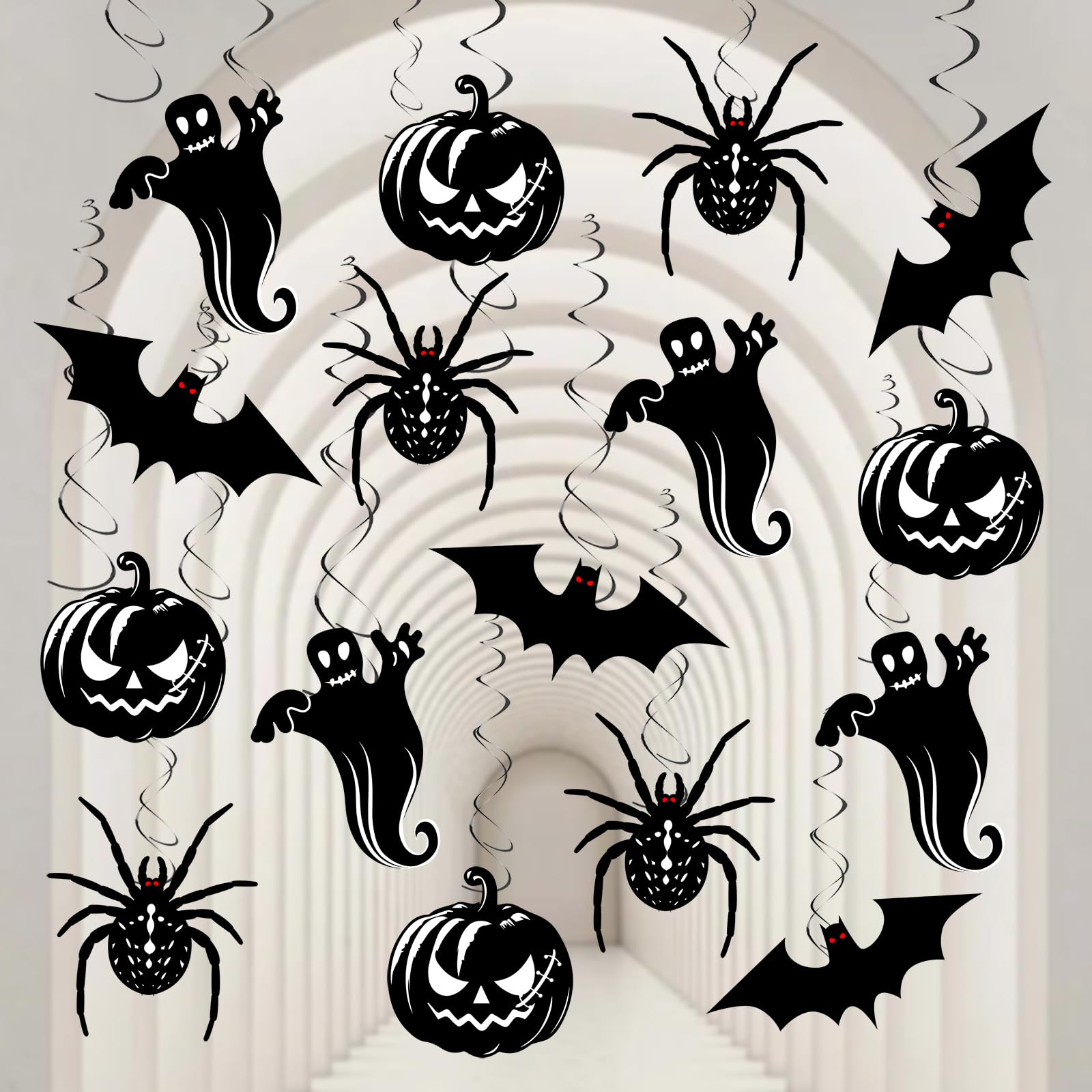 32Pcs Halloween Hanging Swirl Decorations, Halloween Party Decorations with Black Spider Pumpkin Sign Swirls for Home Indoor Outdoor Party Office Decor Supplies