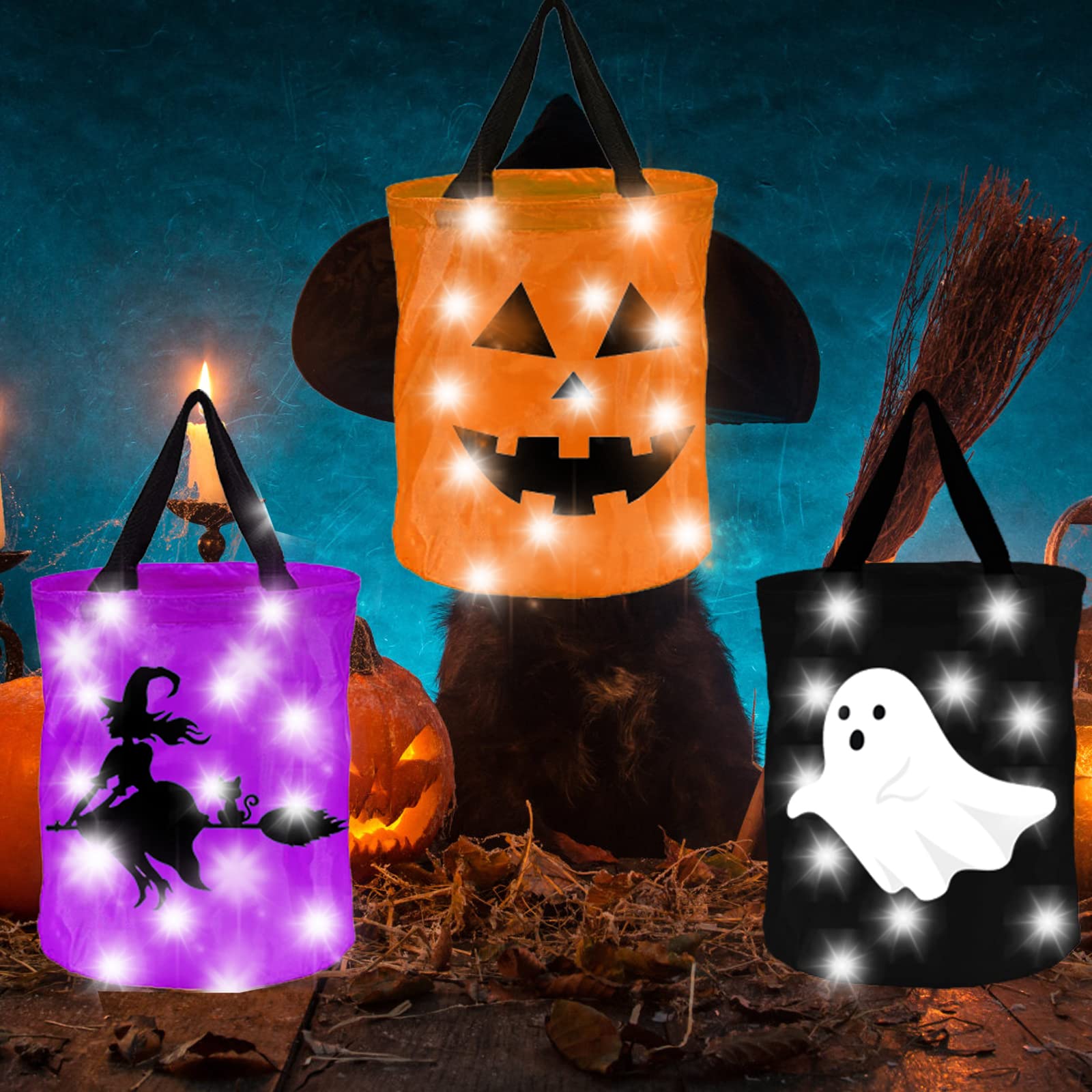 ANYMONYPF 3 Pieces Halloween LED Light Candy Bags Light Up Halloween Trick or Treat Bags Ghost Pumpkin Witch Bucket Halloween Treat Bags for Kids Halloween Party Favors