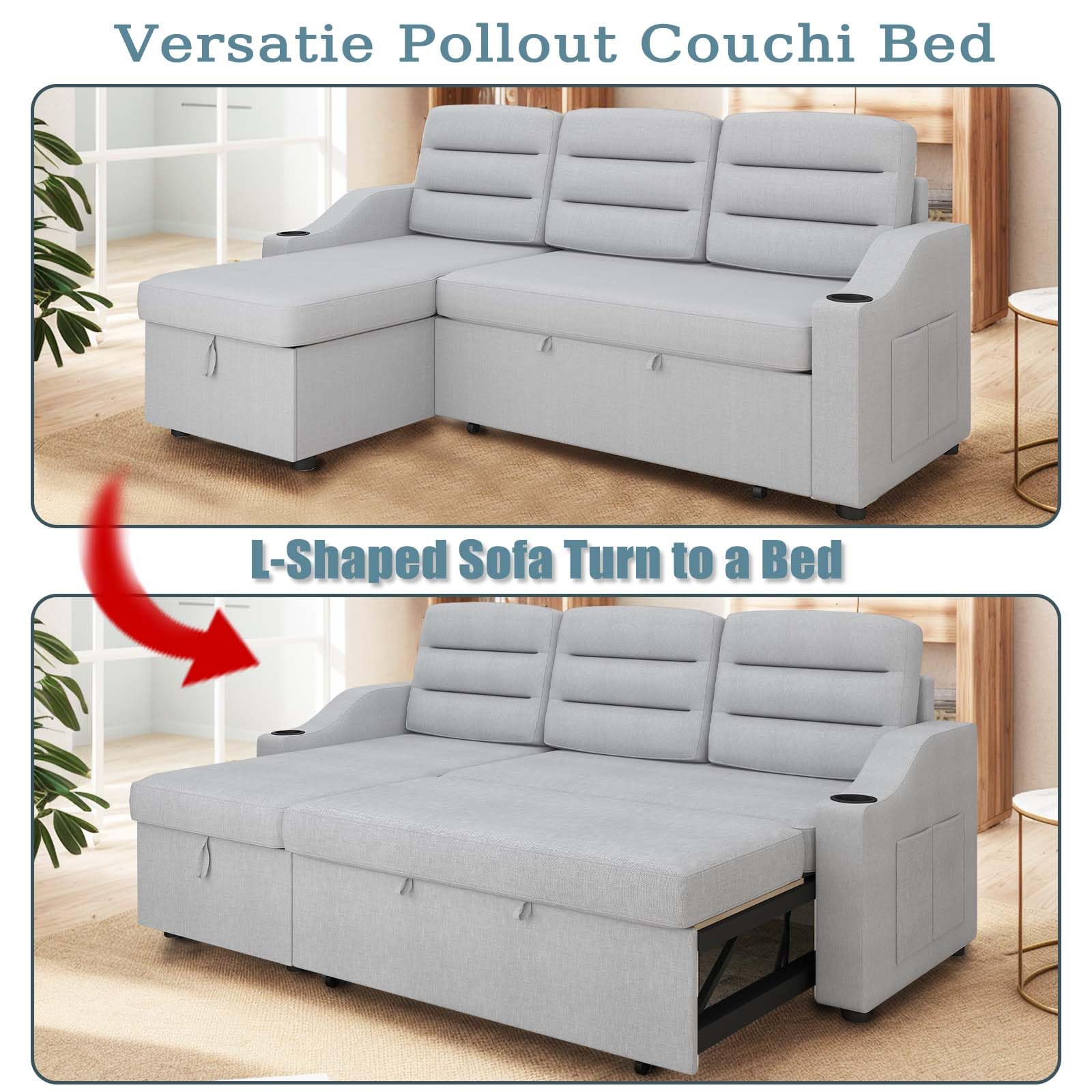 83.5"Convertible Sleeper Combo Sofa, L Shaped Sleeper Sofa,Convertible Sofa Bed with Storage Recliner and Cup Holder,2 in 1 Pull Out Couch,Polyester Sleeper Sofa for Living Room,Apartment, Light Grey