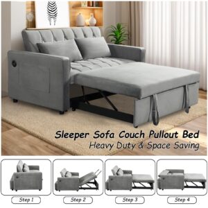 Convertible Sofa Bed Twin Size, 3 in 1 Sleeper Loveseat with Pull-Out Bed, Upholstered Velvet Futon Couch Bed with USB Port and Side Pocket, Hide Sleep Sofa for Small Spaces, Grey, Rhombic Pattern