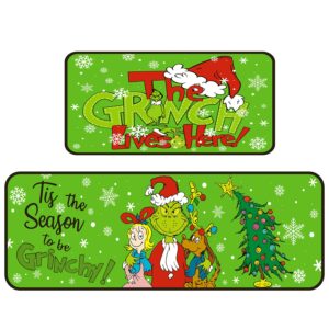 christmas decorative kitchen mats set of 2,grin christmas kitchen decoration,non slip absorbent kitchen mat waterproof runner rug for laundry room and sink 17x 29,17x48 inches