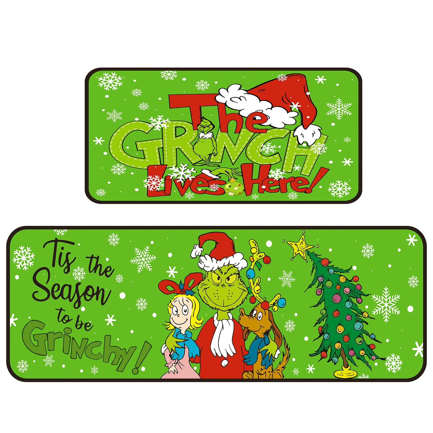 Christmas Decorative Kitchen Mats Set of 2,Grin Christmas Kitchen Decoration,Non Slip Absorbent Kitchen Mat Waterproof Runner Rug for Laundry Room and Sink 17x 29,17x48 Inches