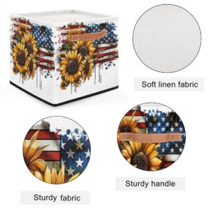 oooJHooo Storage Baskets for Shelves, Sunflower American Flag Waterproof Storage Bins, Collapsible Toy Storage Cubes Organizer with Handles, for Home Closet Nursery Office