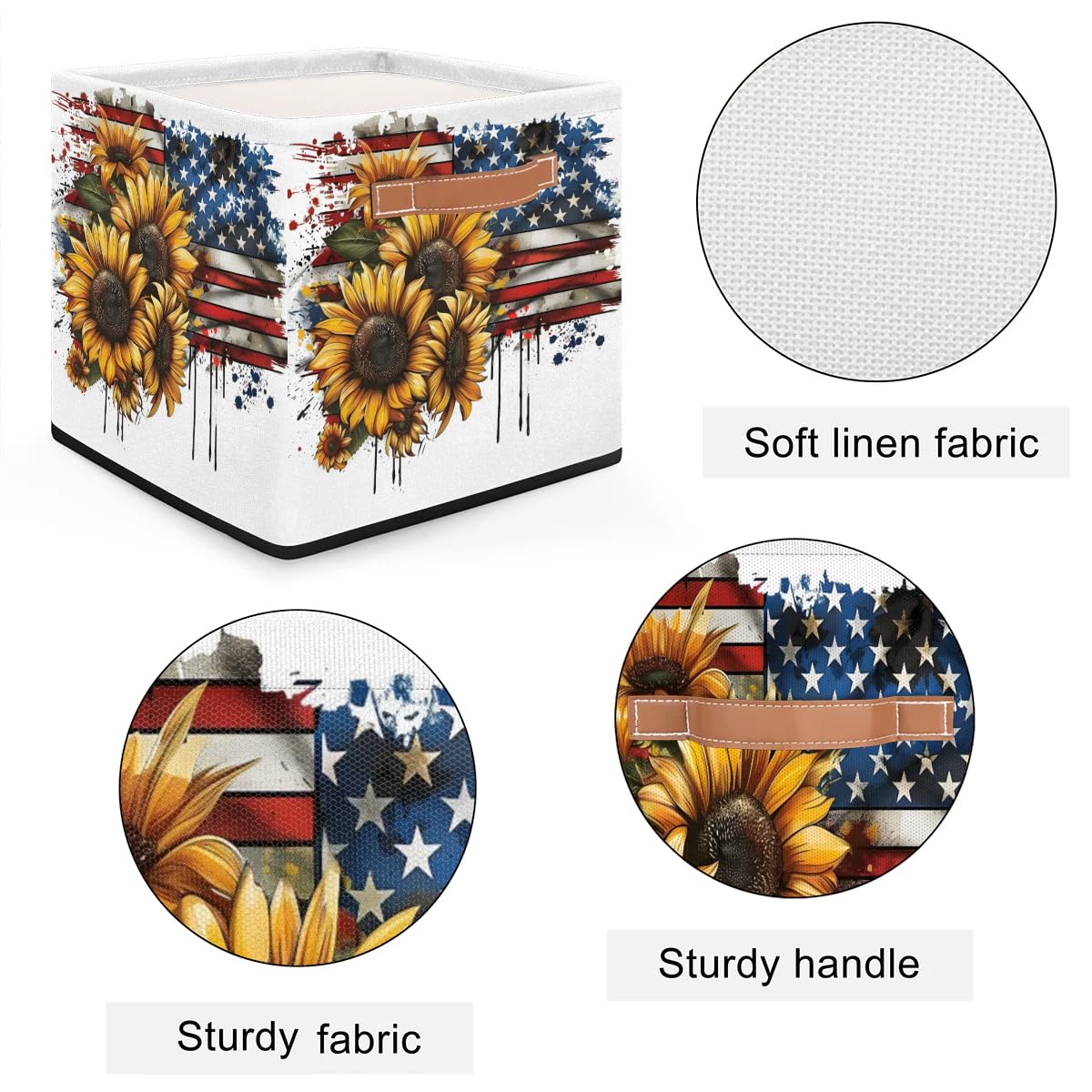 oooJHooo Storage Baskets for Shelves, Sunflower American Flag Waterproof Storage Bins, Collapsible Toy Storage Cubes Organizer with Handles, for Home Closet Nursery Office