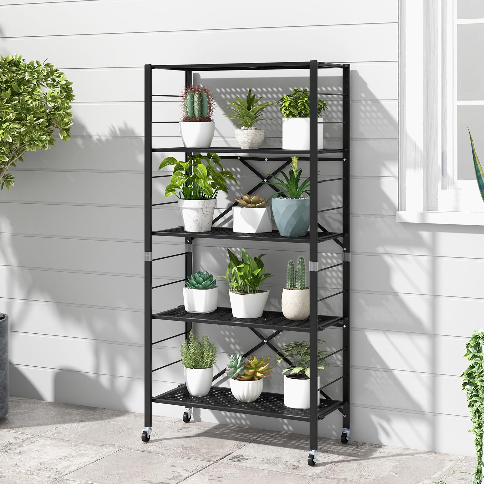 Giantex 5-Tier Folding Bookshelf with Wheels of 2, 60" Tall Foldable Black Metal Shelves for Storage, Freestanding Open Shelving Storage, Easy Assembly Bookcase Display Shelving Rack, Black