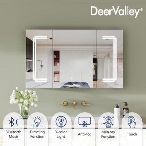 Deer Valley DV-1VM0238 Medicine Cabinets for Bathroom with Mirror, 39.97"x 23.62" Wall Mounted LED Medicine Cabinet Organizer with Defogger, Dimmer, Bluetooth Speaker, Three Doors