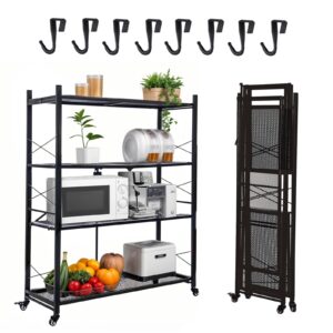 4-tier folding storage shelves garage shelving unit foldable heavy duty metal wire shelving organizer standing storage rack shelf no assembly with wheels for kitchen pantry bathroom (4-tier)