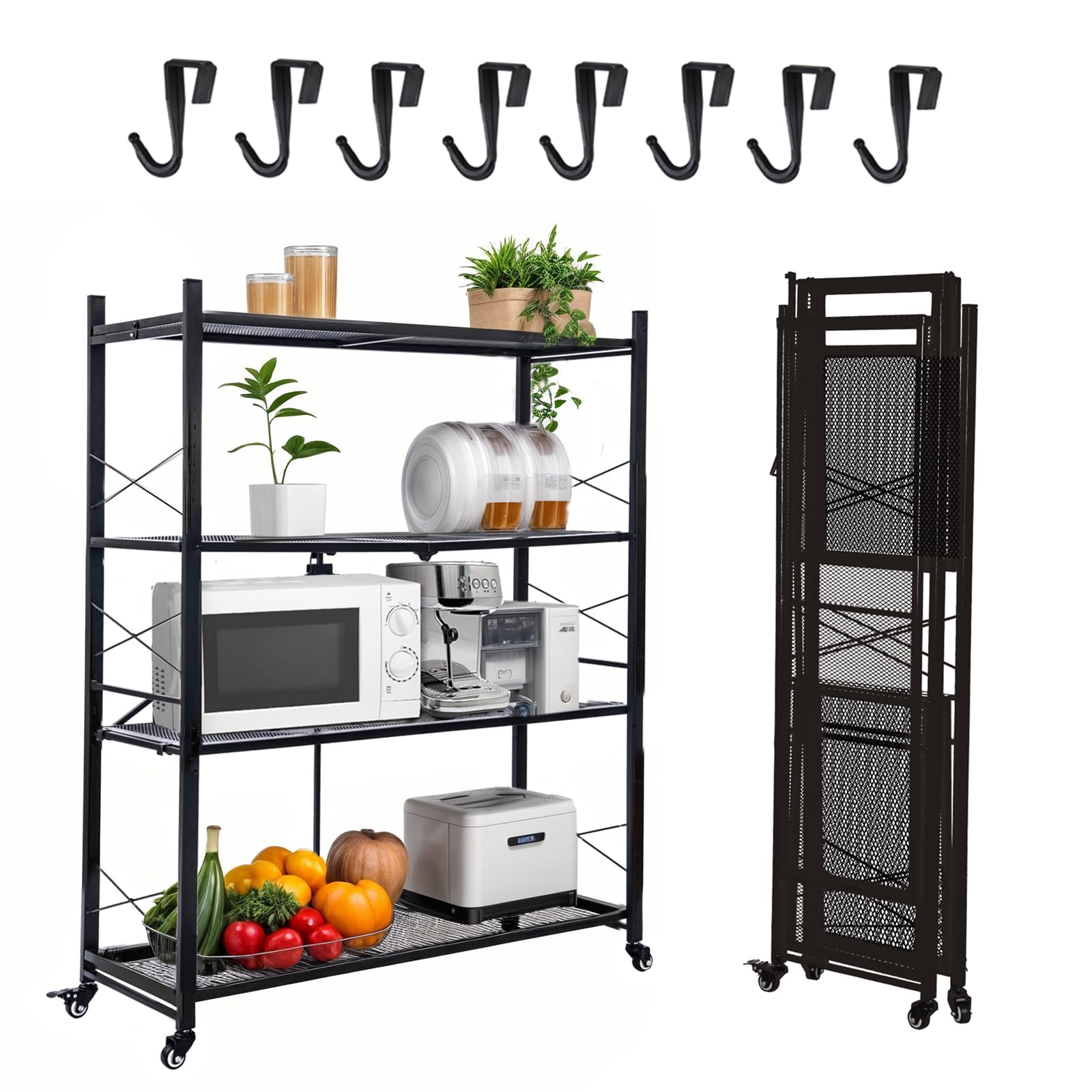 4-Tier Folding Storage Shelves Garage Shelving Unit Foldable Heavy Duty Metal Wire Shelving Organizer Standing Storage Rack Shelf No Assembly with Wheels for Kitchen Pantry Bathroom (4-Tier)