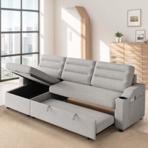 83.5"convertible sleeper combo sofa, l shaped sleeper sofa,convertible sofa bed with storage recliner and cup holder,2 in 1 pull out couch,polyester sleeper sofa for living room,apartment, light grey