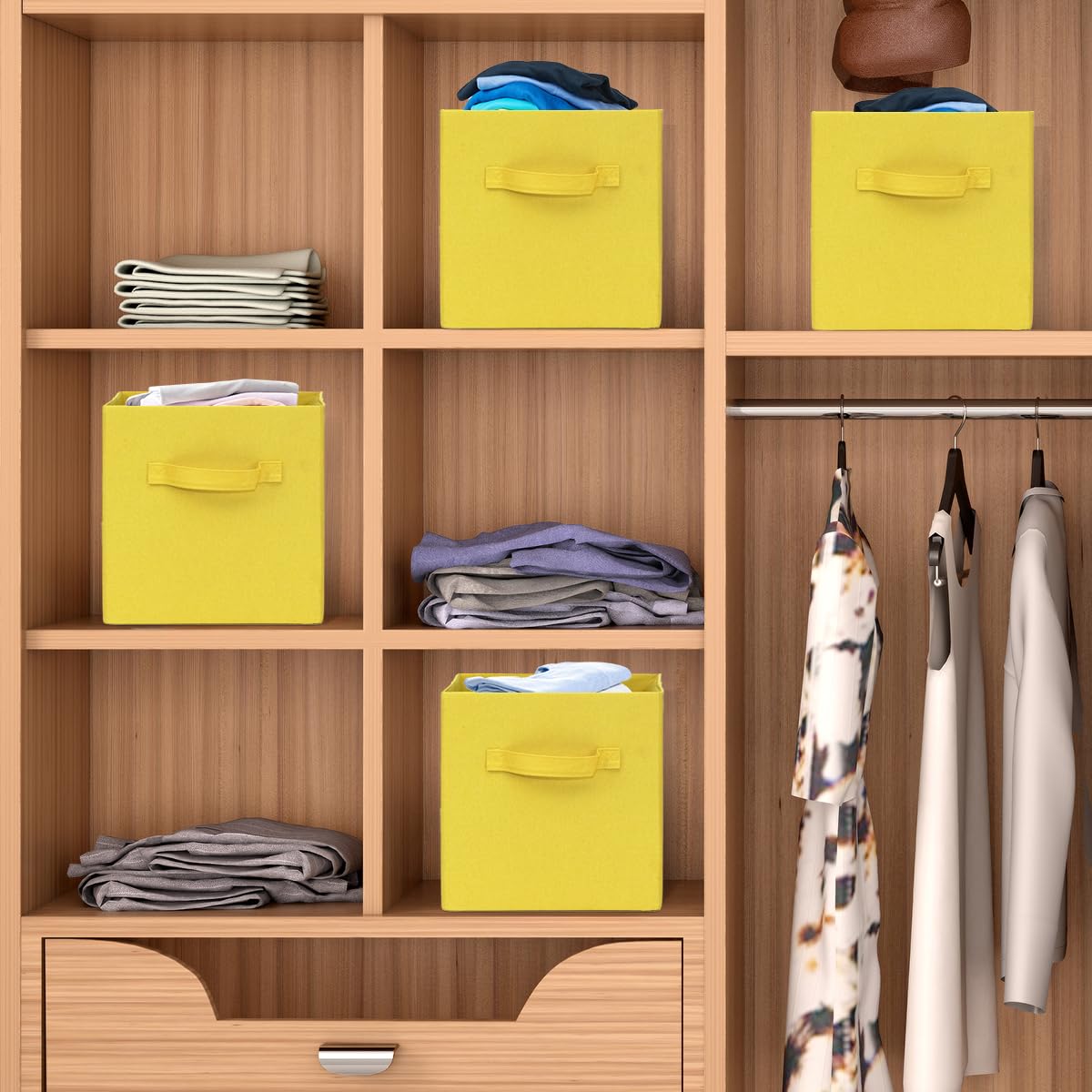 11x11 Collapsible Storage Bins, Cubby Storage Boxes with Handles for Organizing Shelf Closet, Home Decor, 2 Pack, Yellow