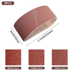 3x21 Inch Belt Sander Sanding Belts Kit 9 Pcs(3 Each Of 80 120 150 Grits), Aluminum Oxide Belt Sander Paper 3x21 For Abrasive Belt Sander Knife Sharpening Woodworking Metal Polishing Furniture Cars