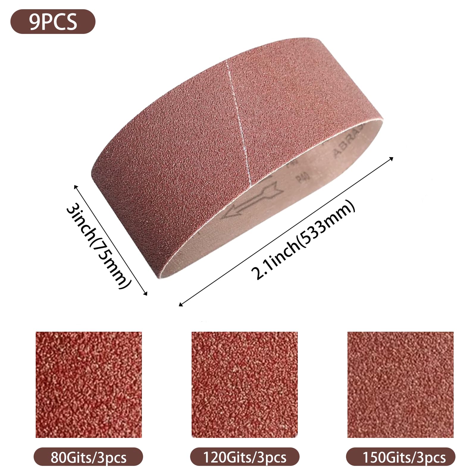 3x21 Inch Belt Sander Sanding Belts Kit 9 Pcs(3 Each Of 80 120 150 Grits), Aluminum Oxide Belt Sander Paper 3x21 For Abrasive Belt Sander Knife Sharpening Woodworking Metal Polishing Furniture Cars