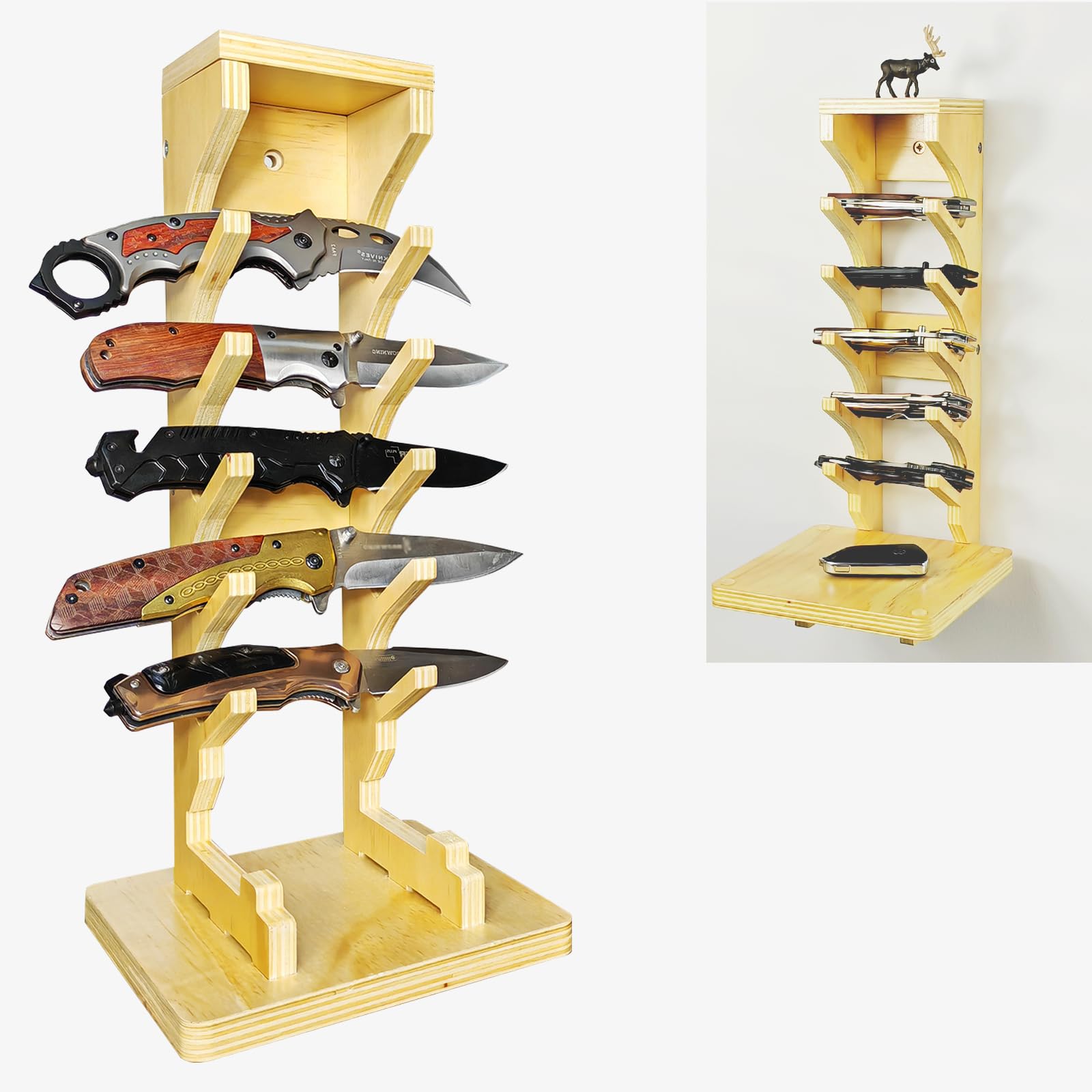 Griiyakii Premium Wooden Knife Display Stand with Tray – Versatile Desktop and Wall-Mounted Storage Holder for Up to 5 Knives