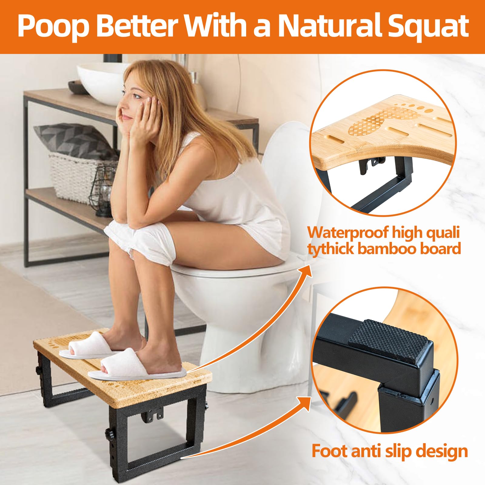 Toilet Stool Squat Adult, Toilet Stool Foldable, 7 in, 8 in, 9 in Adjustable Height Squat Stool Potty for Adults Kids, Squatting Toilet Stool for Pooping, Bamboo Toilet Step Stool, Toilet Foot Stool