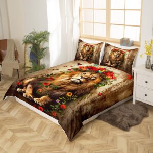 Castle Fairy Lion and Rose Bedding Set,Butterfly Flowers Duvet Cover for Kids Teens,Lions Pattern Comforter Cover Decorative Room,Wild Animals Quilt Cover with 2 Pillowcases,King Size(No Comforter)