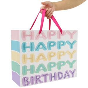 13” Large Colorful Happy Birthday Gift Bag Set with Handles, Greeting Card, Tissue Papers and Stickers for Women Girls, Words Design, 1 Pcs