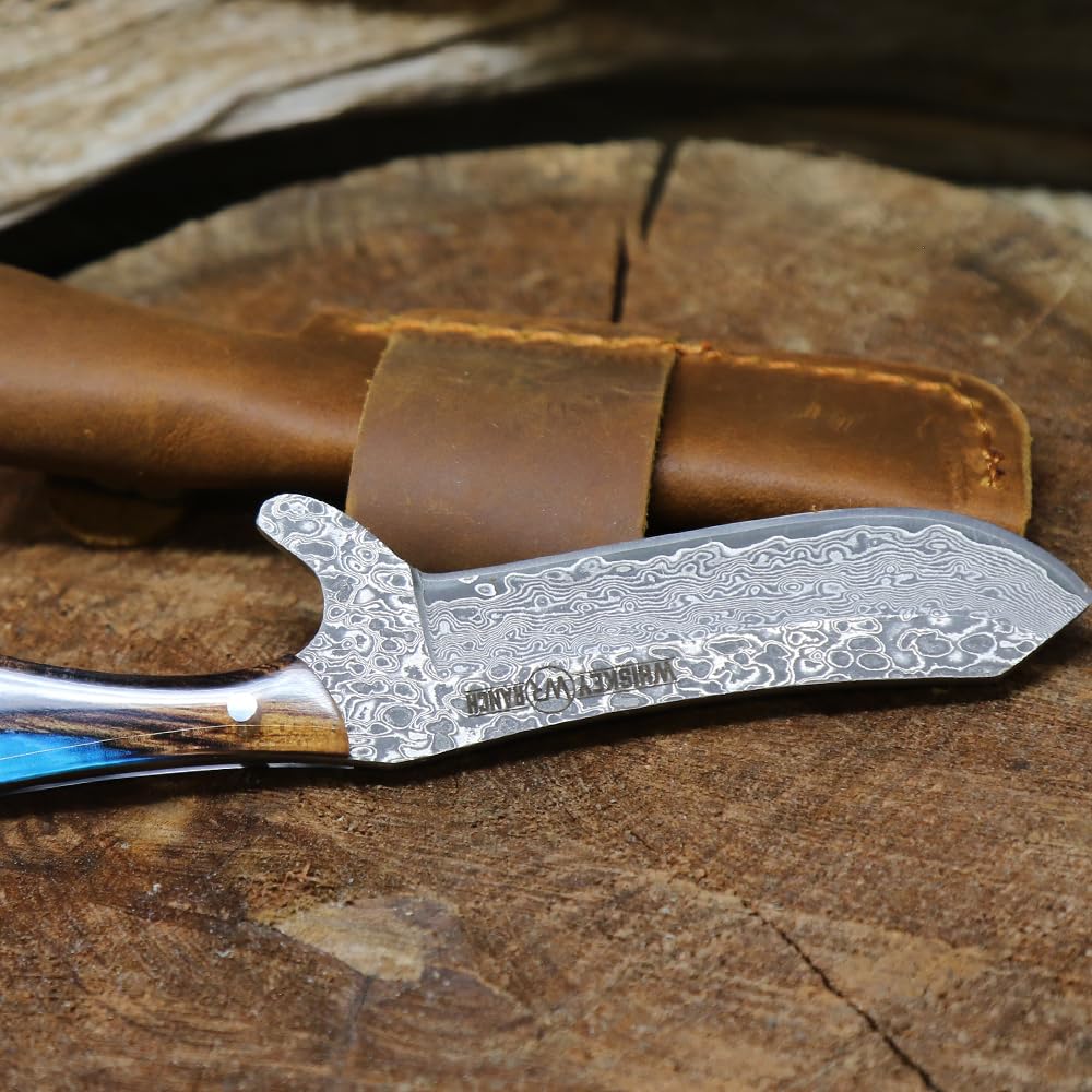 WHISKEY BENT HAT CO. Bullcutter 3 Fixed Blade Knife Damascus Steel, w/Leather Sheath, 3.5" Blade, 7" Overall Length (Spring Branch)