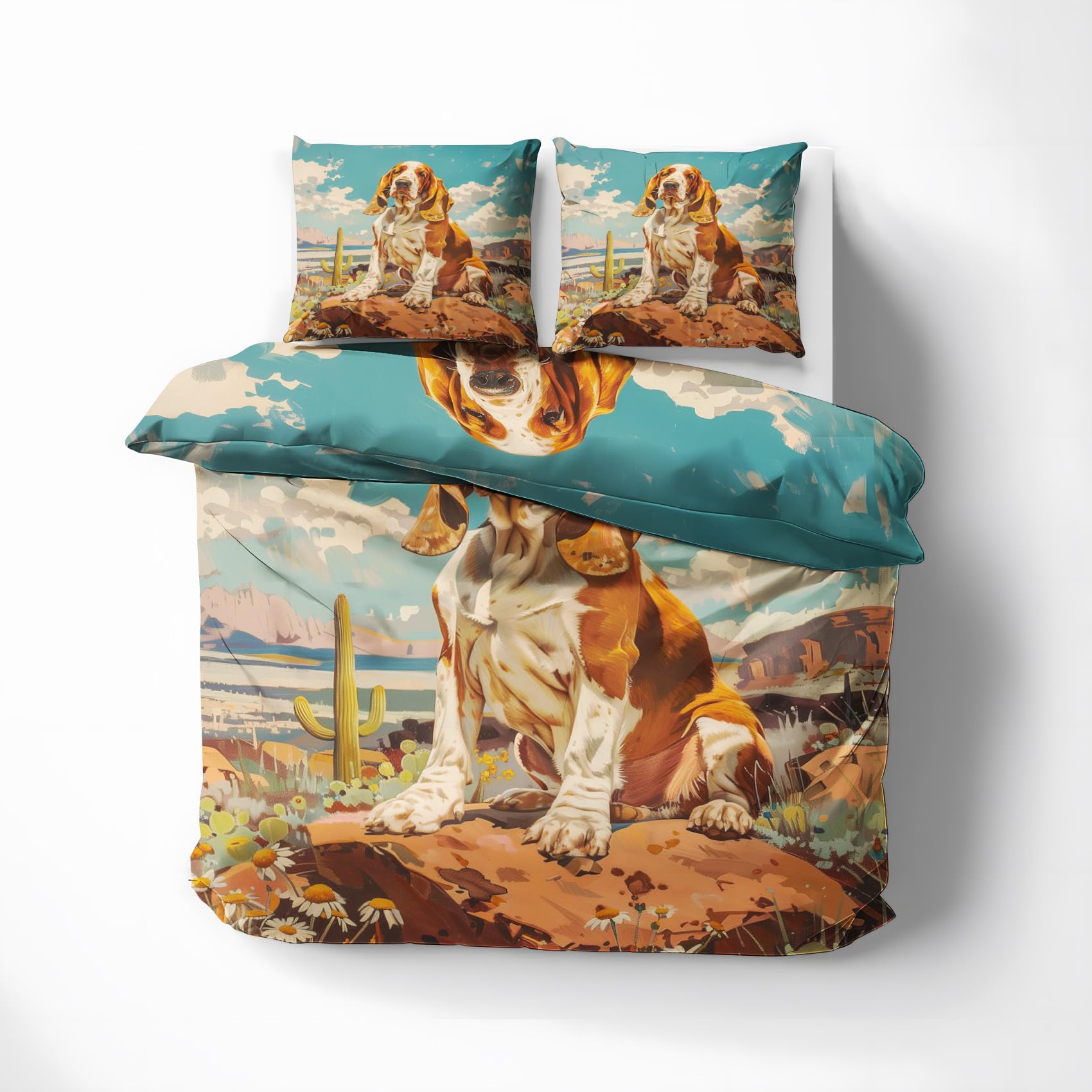 FJWXCBD Basset Hound Dog Bedding Queen Size Duvet Cover Set 3 Piece, 3D Animal Bedroom Decor, Desert Landscape Duvet Cover & 2 Pillow Shams, with Zipper & Ties, Super Soft Microfiber