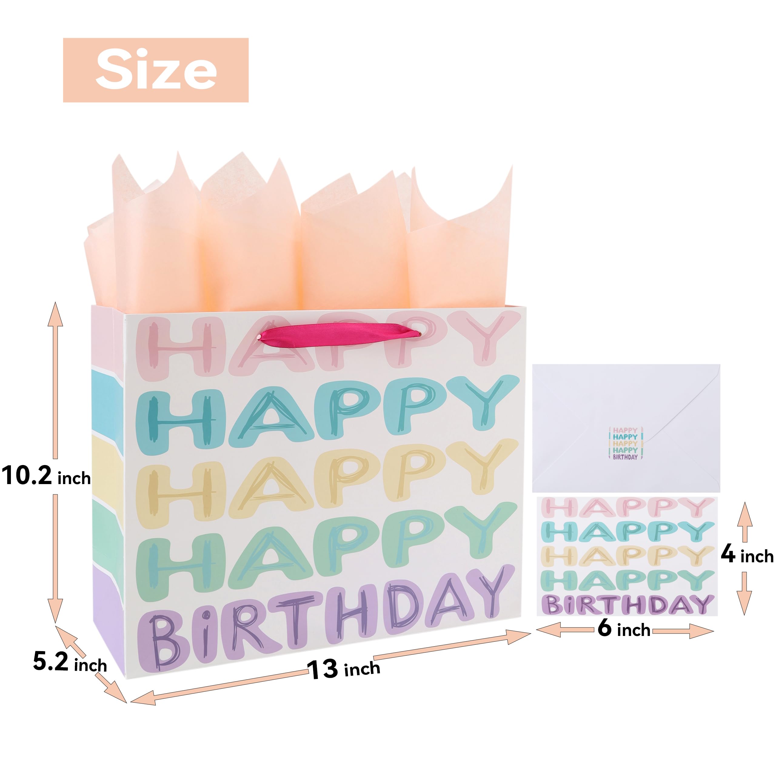 13” Large Colorful Happy Birthday Gift Bag Set with Handles, Greeting Card, Tissue Papers and Stickers for Women Girls, Words Design, 1 Pcs