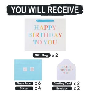 2 Pack 13” Large White Happy Birthday Gift Bags Set with Handles, Greeting Card, Tissue Papers and Stickers for Girls Boys Kids Women Men Party, Reusable Design, 2 Pcs