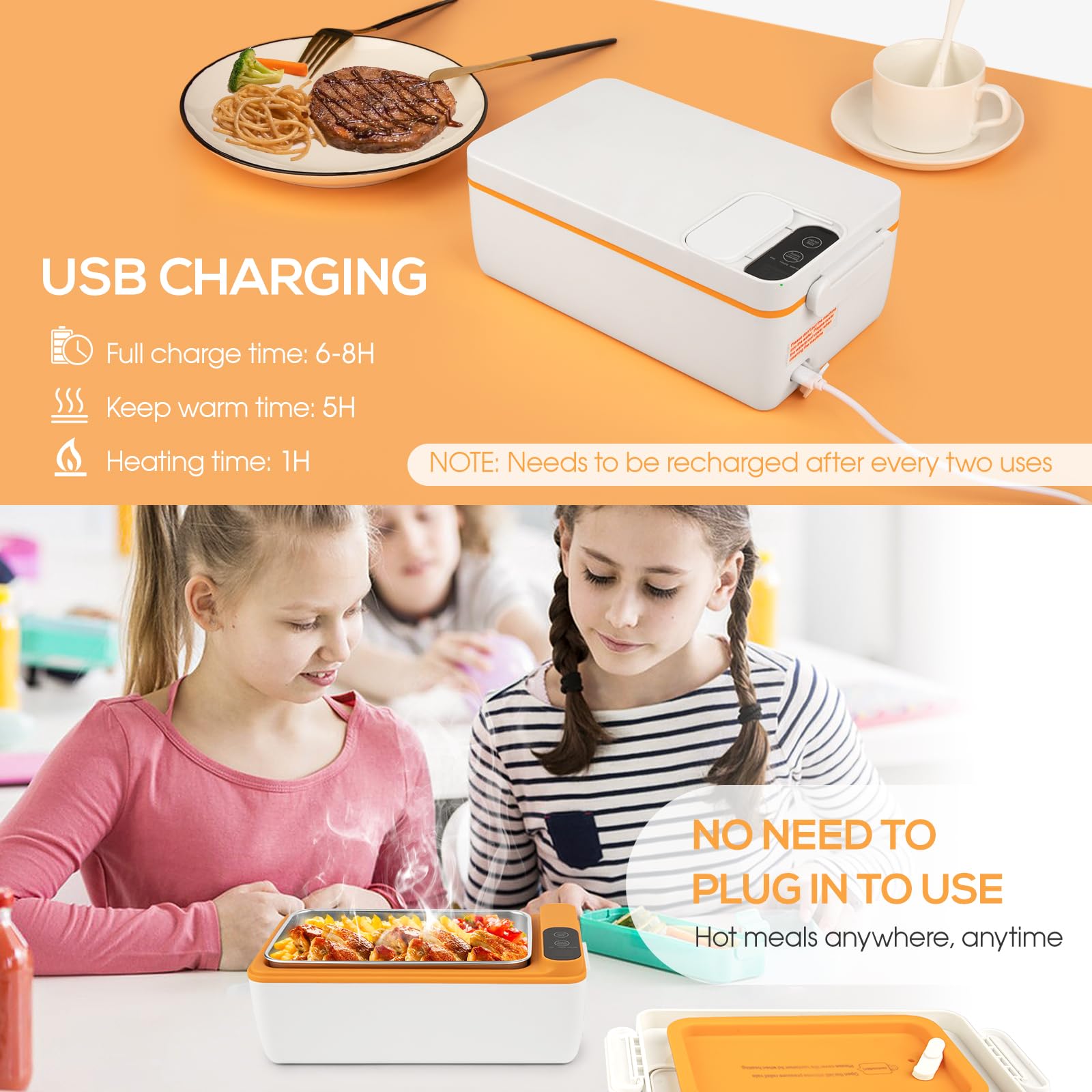 Cordless Electric Lunch Box, No Water Required Heated Lunch Box for Car/Truck/Home, USB Electric Lunch Box for Adults 1L 304 Stainless Steel Container, Warming Time Selectable with HD Digital Display