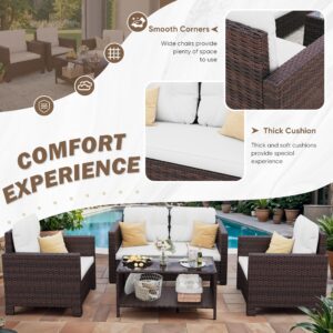 Devoko Patio Furniture Set 4 Pieces Outdoor Conversation Table and Chairs Wicker Patio Dining Sofa Set for Balcony Lawn Backyard