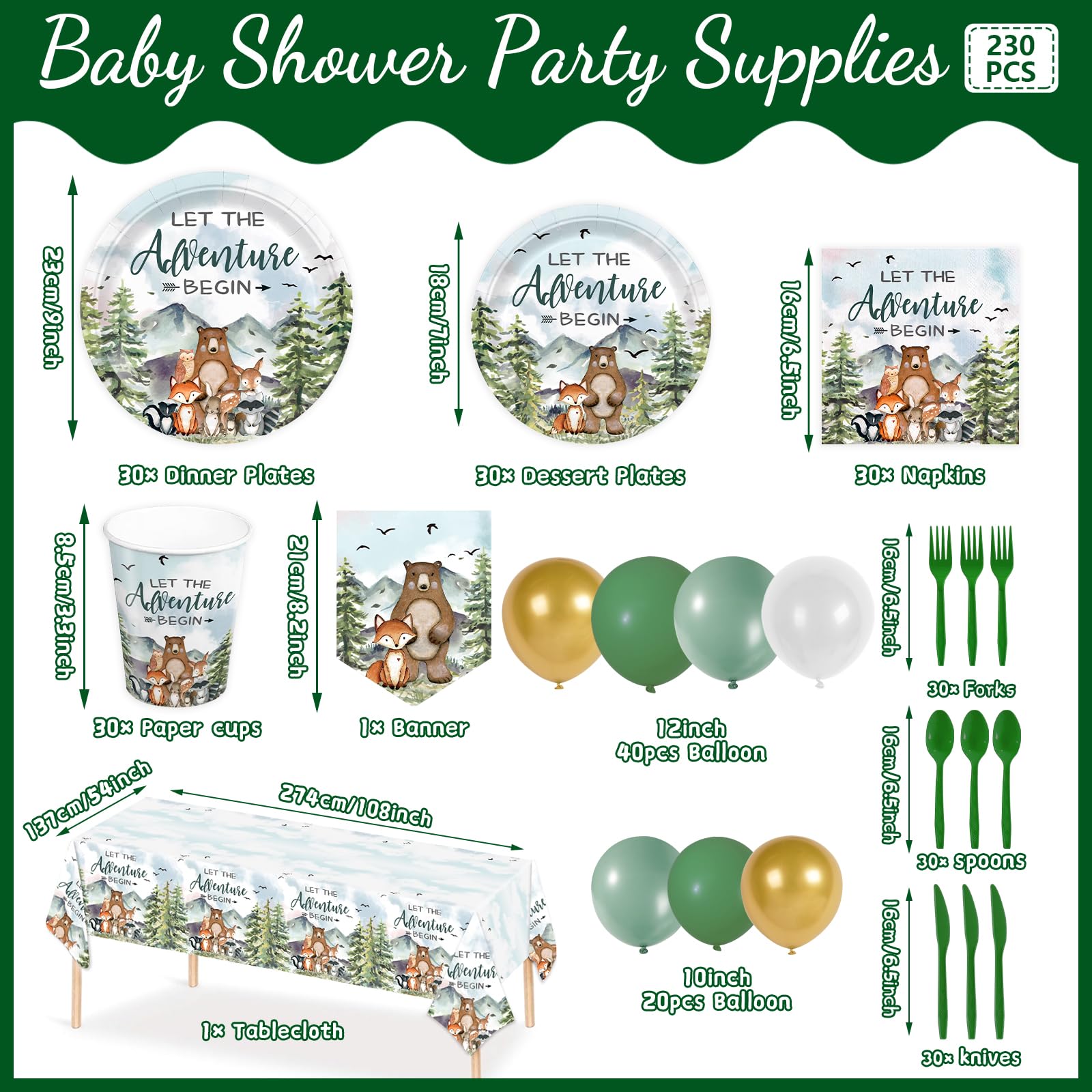 230pcs Let The Adventure Begin Party Supplies Baby Shower Plates Napkins Adventure Tableware Set Disposable Cups Forks Tablecloth Banner and Balloons for Baby Shower Party Decorations Serve 24