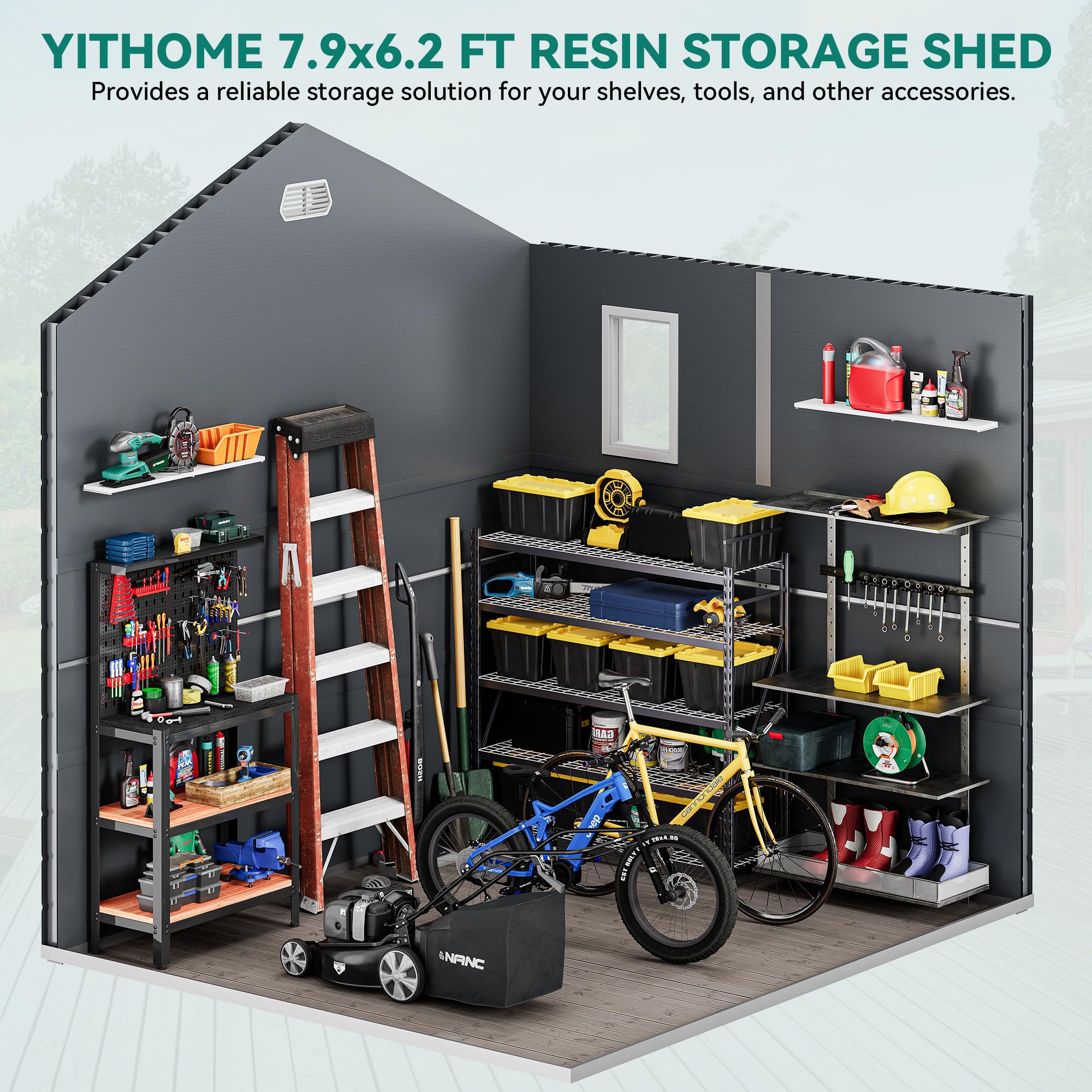 YITAHOME 8x6.2FT Outdoor Resin Storage Shed w/o Floor, All-Weather Plastic Shed with Lockable Doors, Window & Vents, Plastic Tool Shed for Backyard, Patio, Poolside, Lawn, Dark Gray