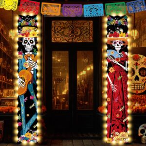 aovaely led day of the dead sign banners decorations, light up sugar skull dia de los muertos altar decorations for halloween day of the dead party outdoor indoor home decor supplies 71x12 inches