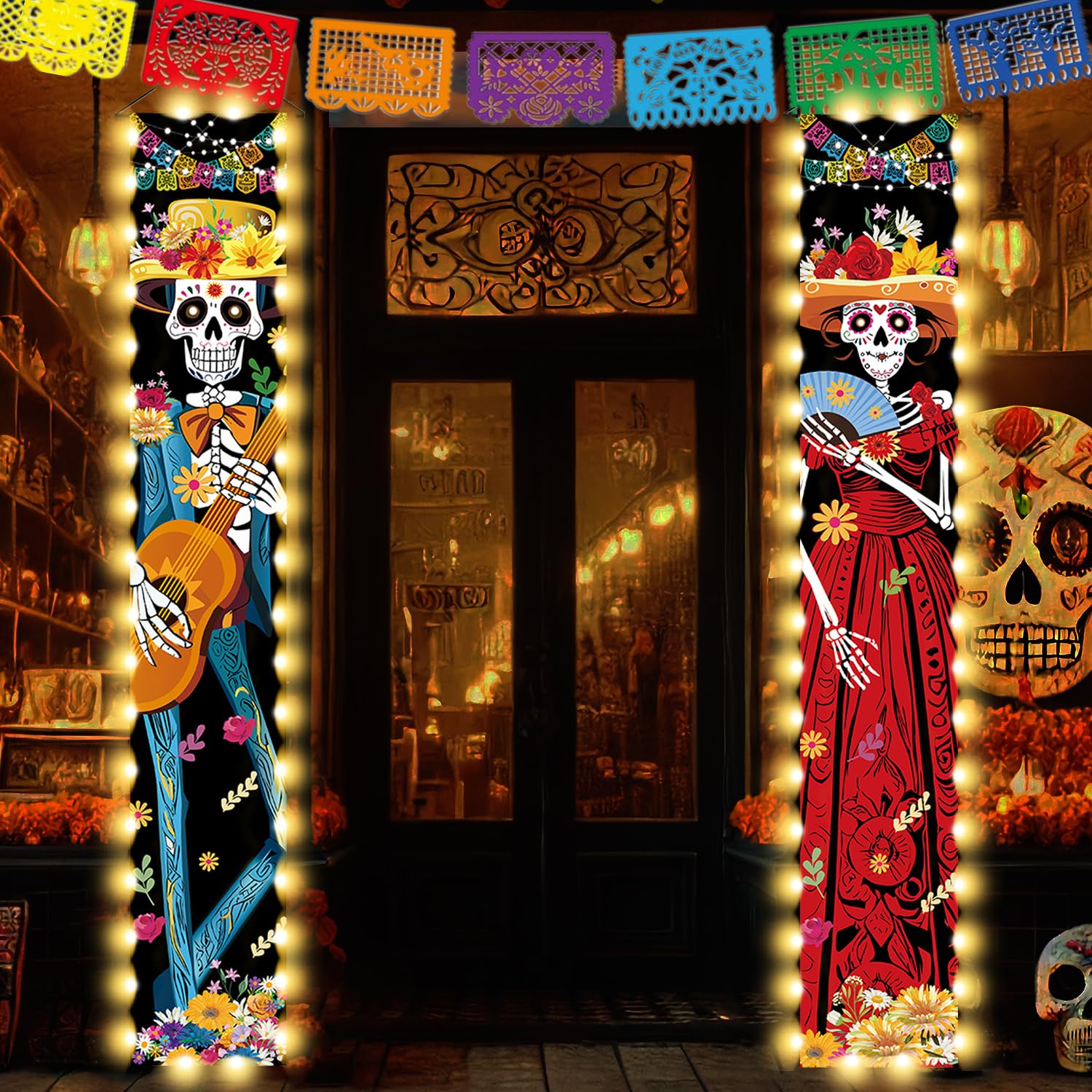 Aovaely LED Day of The Dead Sign Banners Decorations, Light Up Sugar Skull Dia De Los Muertos Altar Decorations for Halloween Day of The Dead Party Outdoor Indoor Home Decor Supplies 71x12 Inches