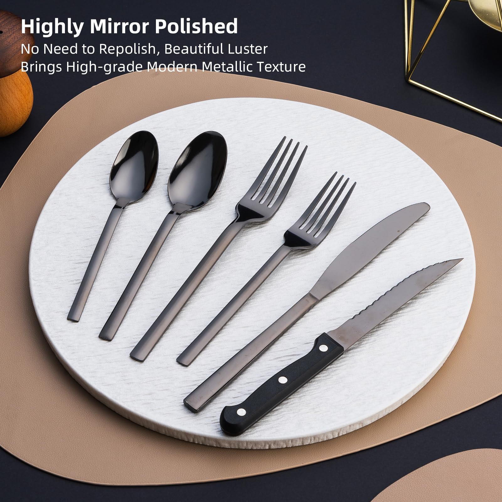 SELUKIYA 24 Pcs Silverware Flatware Service for 4, 18/0 Stainless Steel Tableware with Steak Knives, High Mirror Polished Cutlery Set in Ergonomic Design Size and Weight, Dishwasher Safe, Black