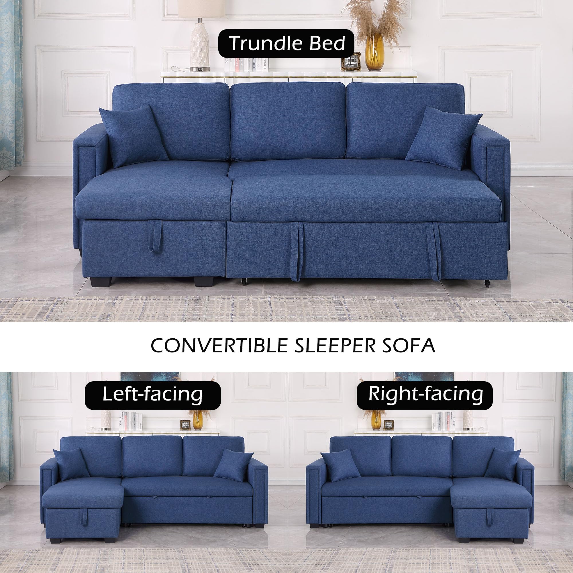 poplarbox L Shape Couch with Pull Out Bed, 84" Small Blue Sectional Sleeper Sofa with Storage Chaise, Convertible Pull Out Couch Bed for Bedroom, Living Room