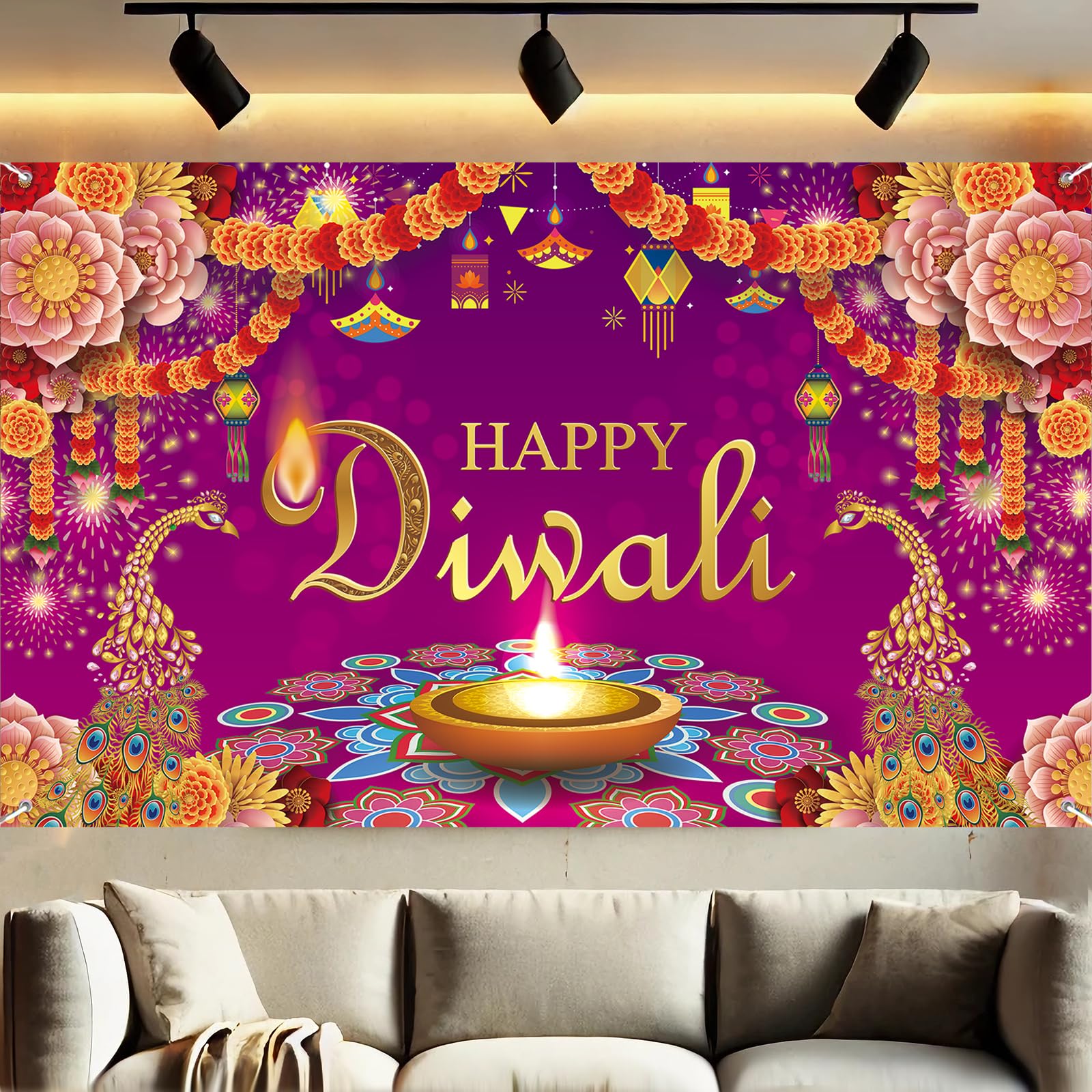 Aovaely Happy Diwali Backdrop Banner Decorations for Home Wall Hanging, Indian Festival of Lights Decorations, Diwali Photo Booth Props Background for Indian Diwali Party Supplies 6.2 x 3.7 ft