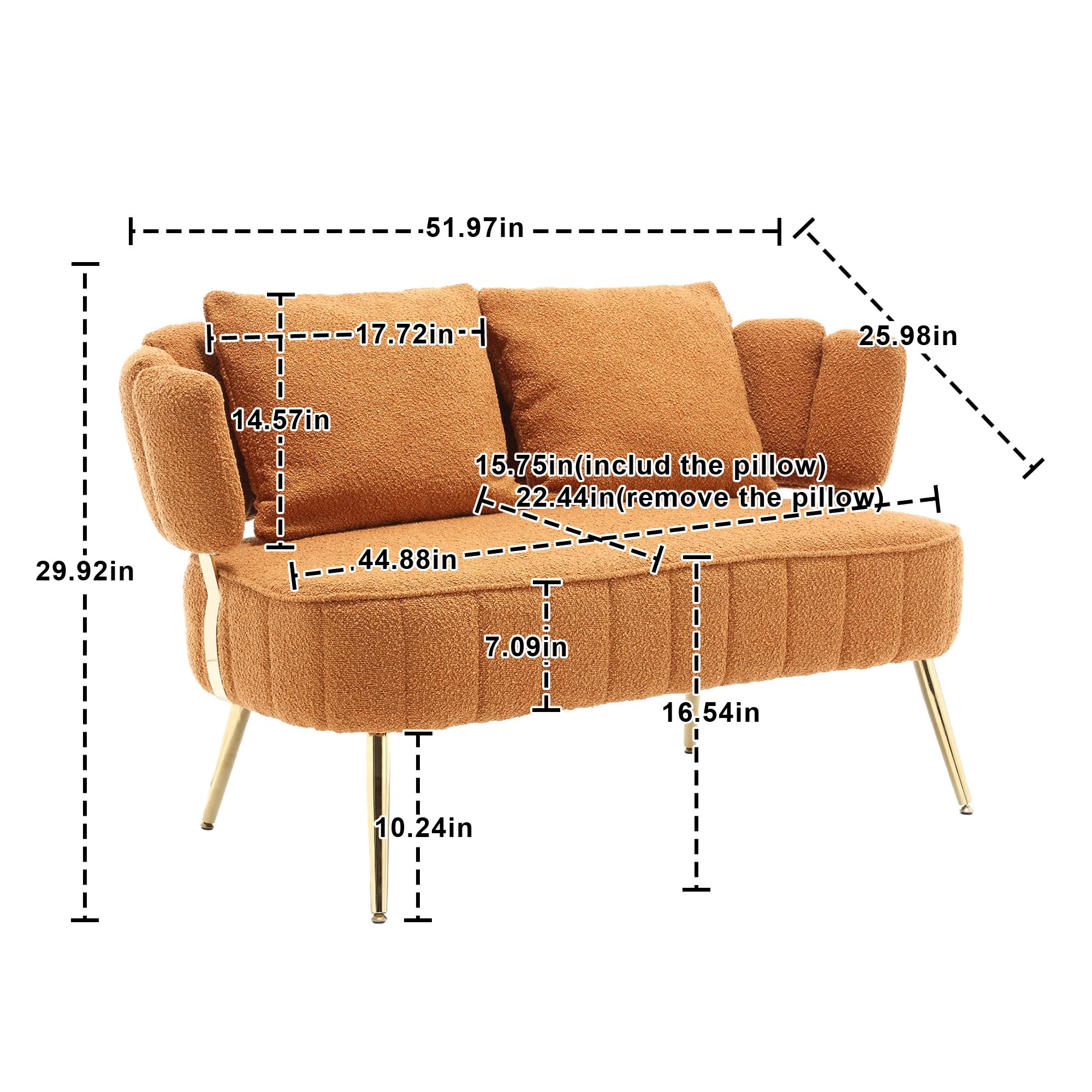 HRVEOCEI Boucle Loveseat Sofa, 52" Small Couch for Small Space Bedroom, Modern Mini Couch Sofa with Gold Chrome Legs and Comfy Pillows for Office Dorm (Orange)