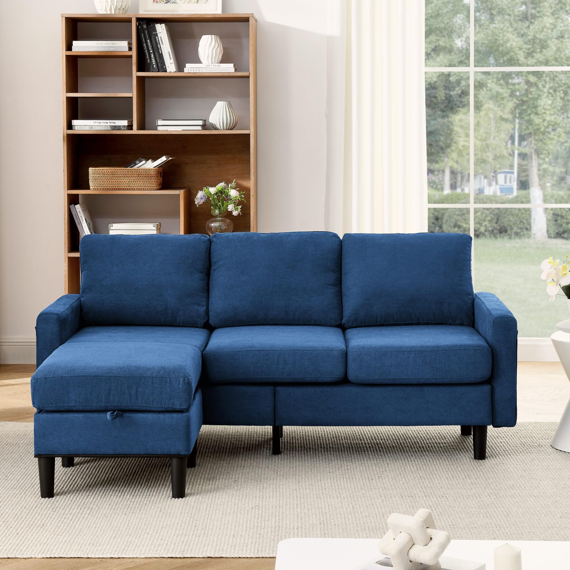 TURRIDU L-Shape Sleeper Sectional Sofa with Storage Ottoman, 3-Seater Convertible Sofa Couch with Reversible Chaise, Soft Thick Cushion Sofa for Living Room, Apartment, Small Space, Navy Blue