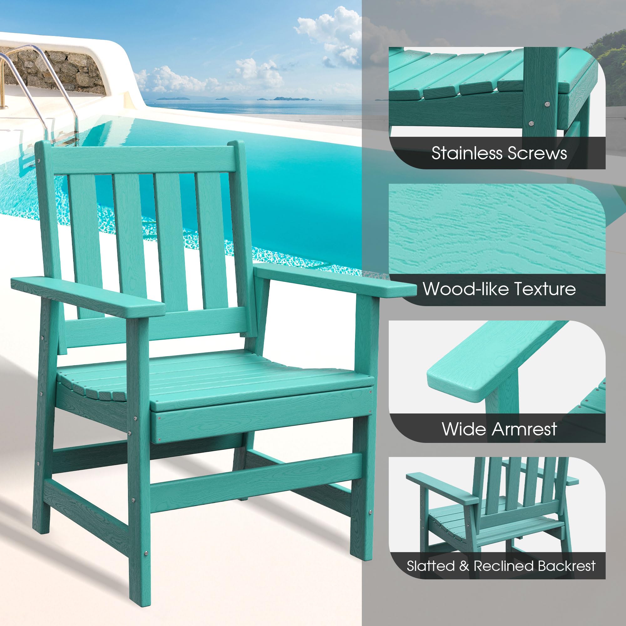 VICLLAX Patio Dining Chairs Set of 4, HDPE Weather Resistant Balcony Chairs Adirondack Furniture Fit for Front Porch, Deck, Backyard, Aruba