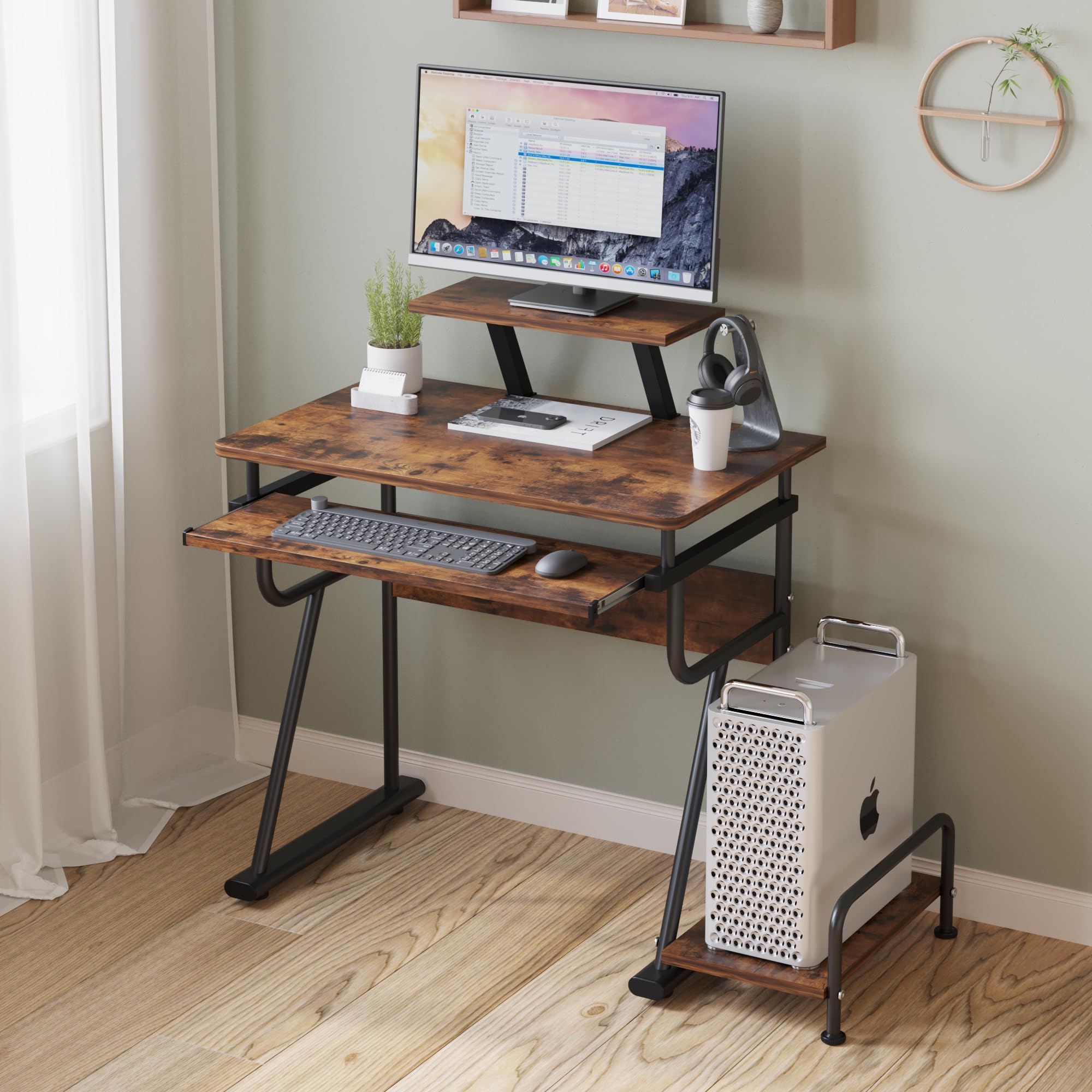 Gaming/Computer Desk, Home Office Small Desk with Monitor Stand, Rustic Writing Desk, Dismountable Computer Tower Stand, Adjustable Storage Space, Modern Design Corner Table