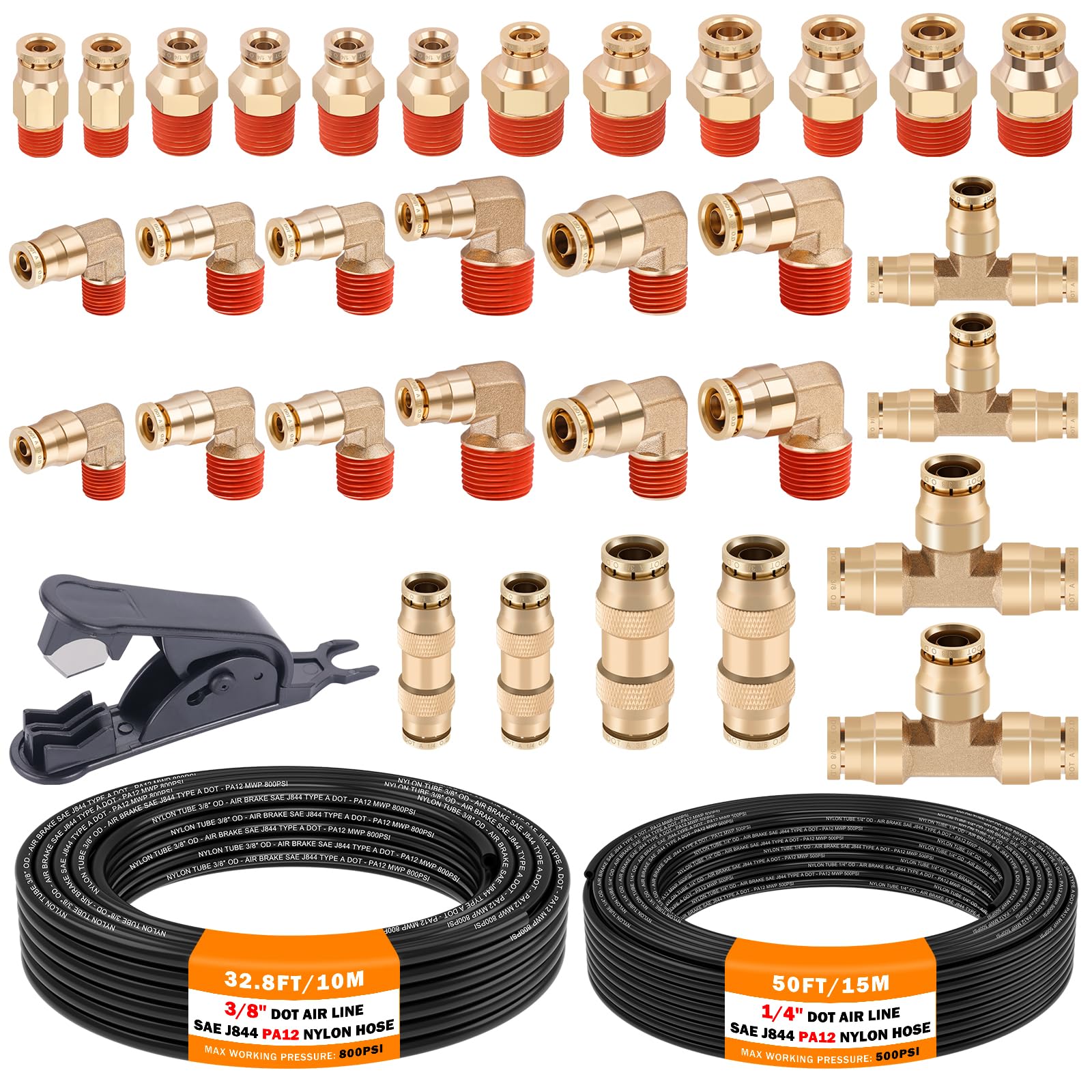 CheeMuii 32 Pcs Brass DOT Air Line Fittings With 50 FT 1/4" and 32.8 FT 3/8" DOT Air Lines Kit 3/8" 1/2" NPT Thread & Quick Connect Fittings for Semi Truck Trailer or Industrial Air System