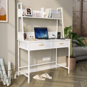 JOINHOM Home Office Desk with Drawers - Small Desks with Hutch & Book Shelves, Study Table for Small Spaces, Computer Desk with Power Outlet and USB Charging Ports, White