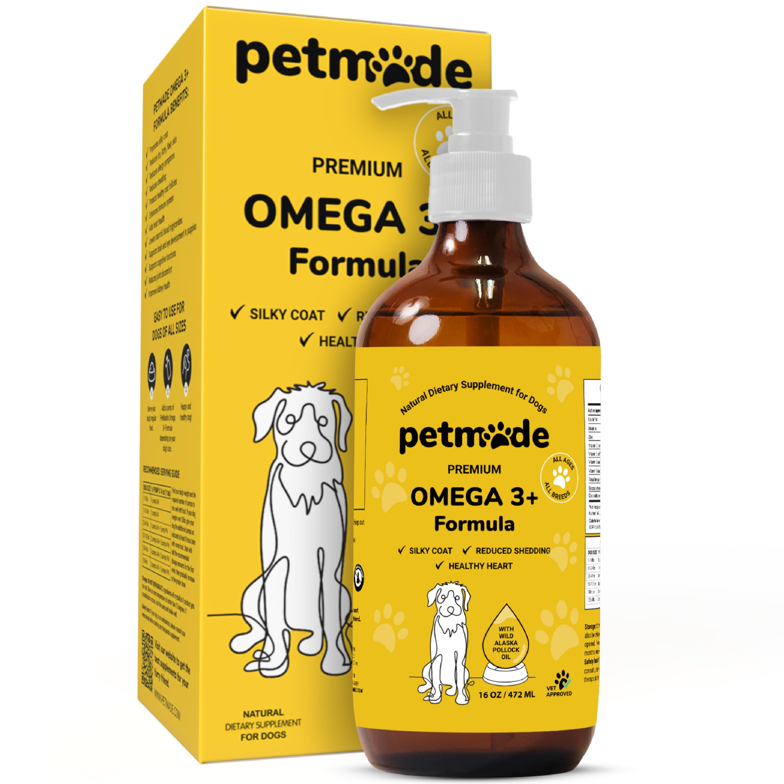 PetMade Omega 3 Fish Oil for Dogs - Deluxe Liquid Dog Skin and Coat Supplement for The Heart, with Wild Alaska Pollock Oil, Zinc, Vitamin C and E, 16 oz