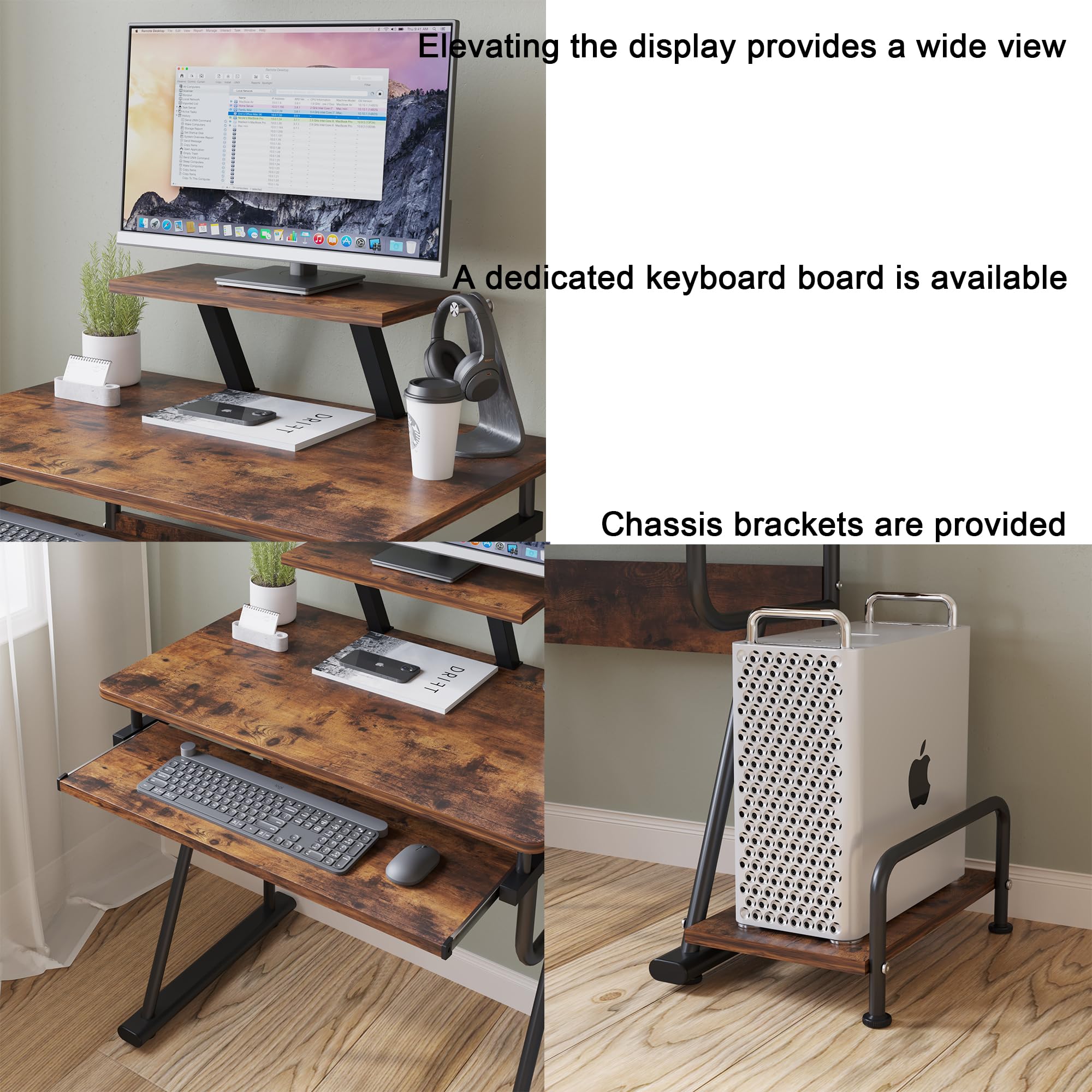 Gaming/Computer Desk, Home Office Small Desk with Monitor Stand, Rustic Writing Desk, Dismountable Computer Tower Stand, Adjustable Storage Space, Modern Design Corner Table