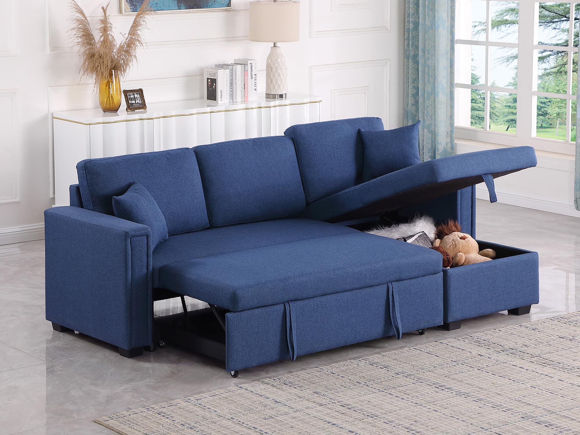 poplarbox L Shape Couch with Pull Out Bed, 84" Small Blue Sectional Sleeper Sofa with Storage Chaise, Convertible Pull Out Couch Bed for Bedroom, Living Room