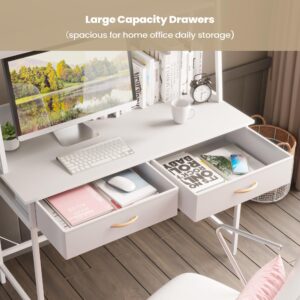 JOINHOM Home Office Desk with Drawers - Small Desks with Hutch & Book Shelves, Study Table for Small Spaces, Computer Desk with Power Outlet and USB Charging Ports, White