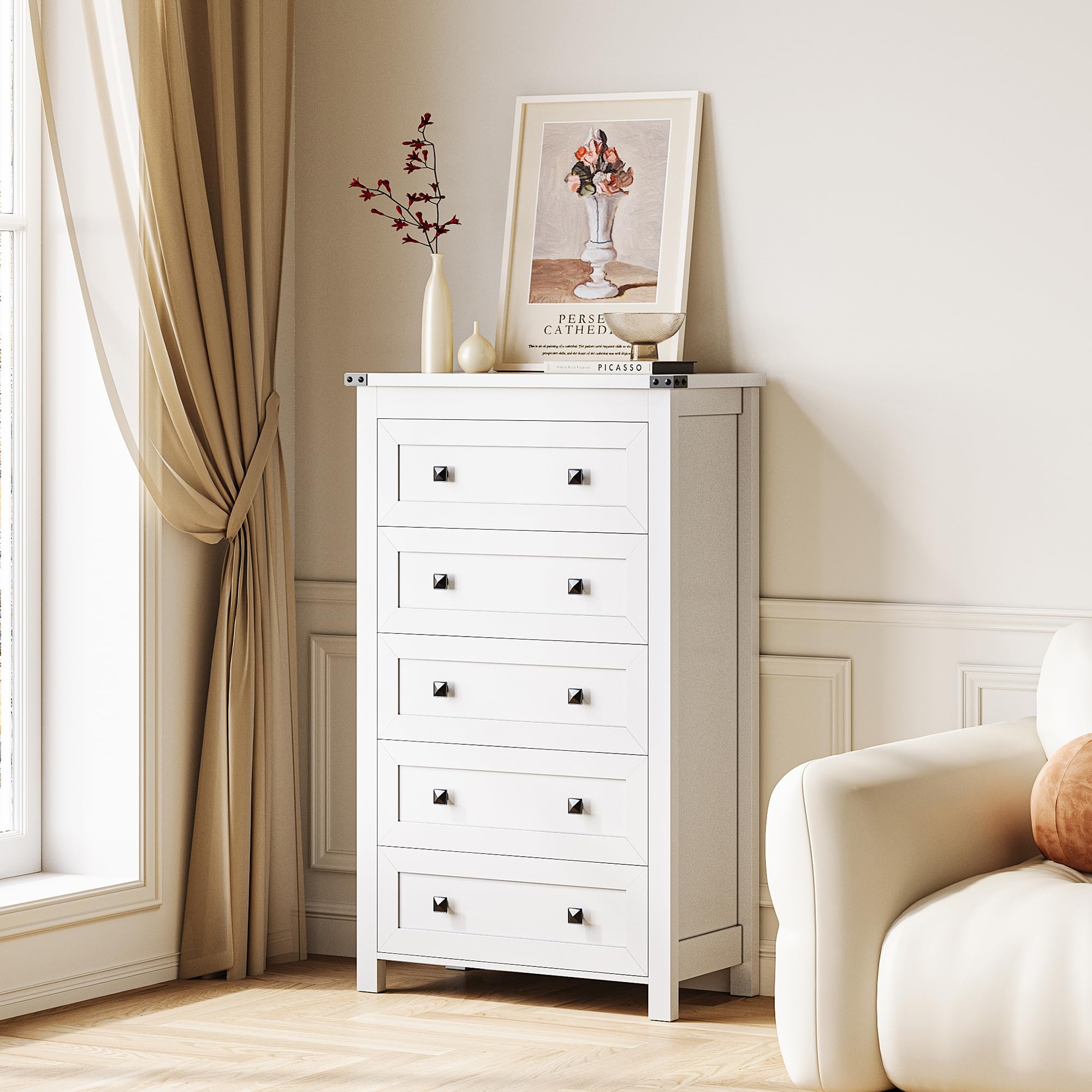 Wodeer White 5 Drawers Dresser for Bedroom,Wood Storage Chest of Drawers, Dresser with Metal Handles,Dressers Organizer for Bedroom, Living Room,Hallway,Nursery