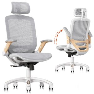 gabrylly ergonomic office chair, high back home desk chair with flip-up arms, headrest, 90-120° tilt and wide cushion, 400lbs white mesh chair for work gaming study (gy01-nt, woodgrain pattern)